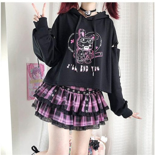 Kawaii Yami Bunny Hoodie & Plaid Skirt Set