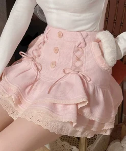 Pink Ruffled Kawaii Skirt with Lace & Bows